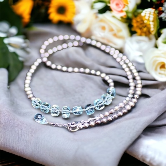 Solid 14k White Gold Natural Pearl, Sky Blue Topaz Necklace 17.5" - 18.1" - Picture 1 of 9